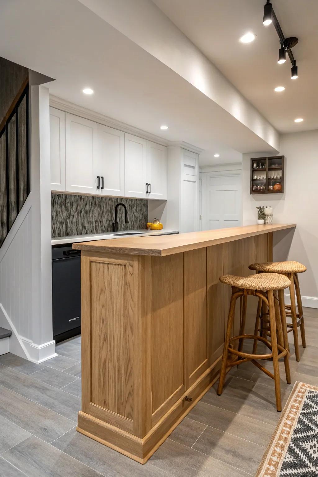 Slim oak peninsula bar with a 12-inch overhang—galley-friendly seating for cozy basement chats.