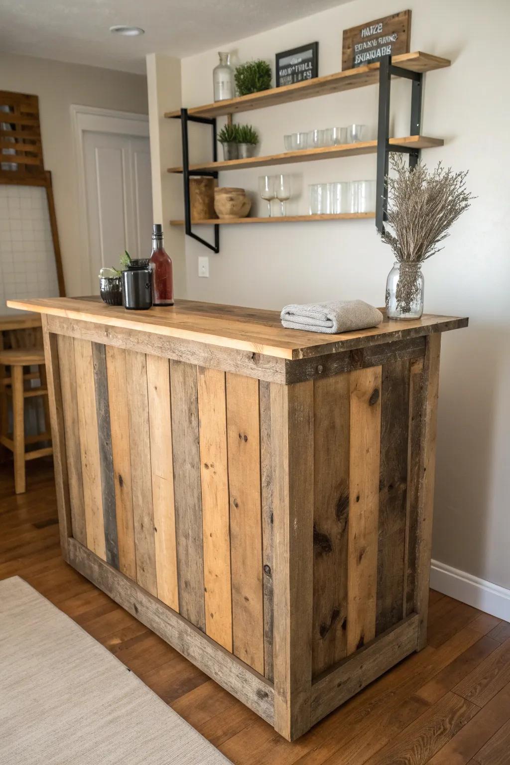 Reclaimed wood basement bar—chunky shelves, rugged grain, and a sleek wipeable top.