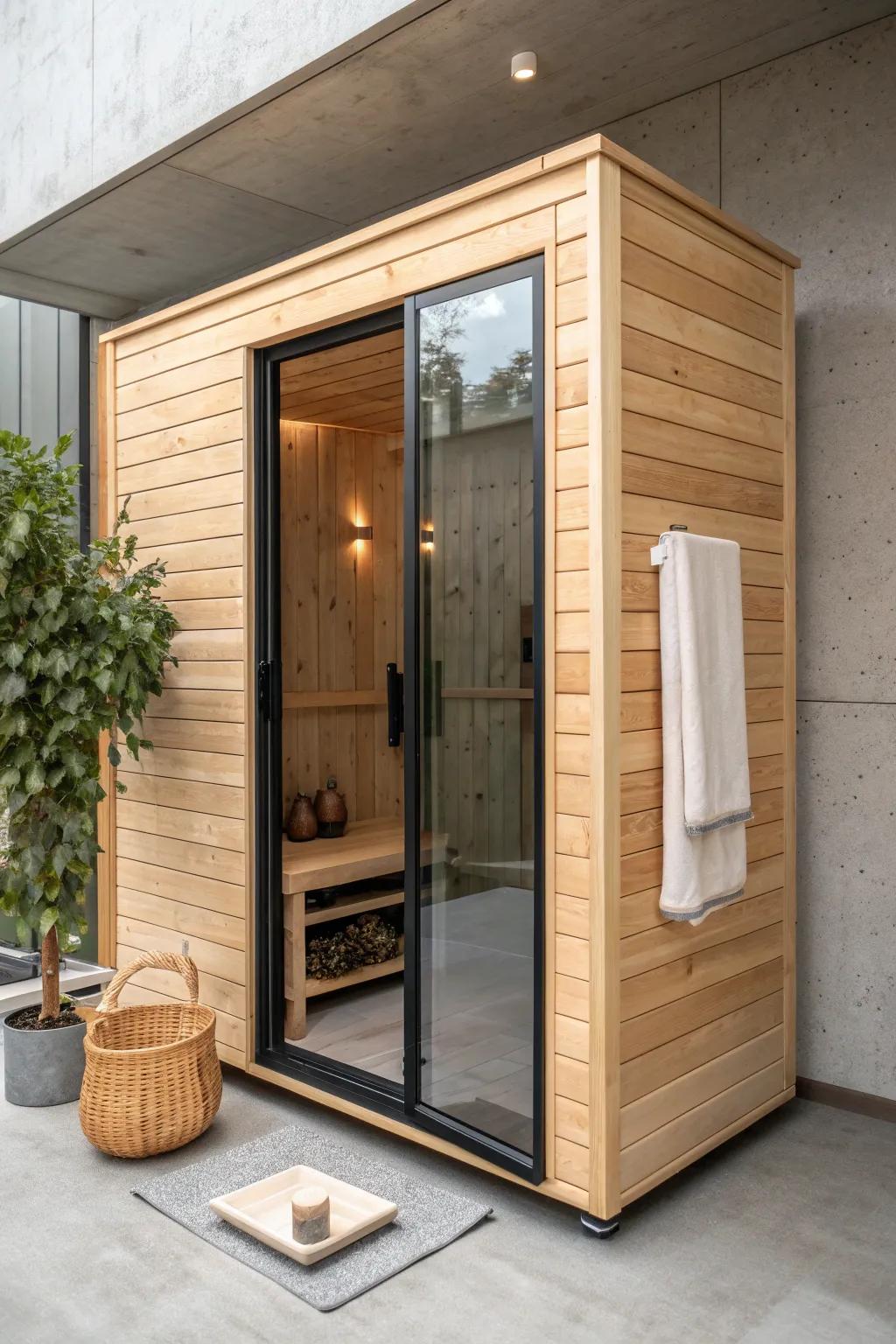 Glass-front cedar sauna with clean trim—turn your basement into a bright, boutique spa.
