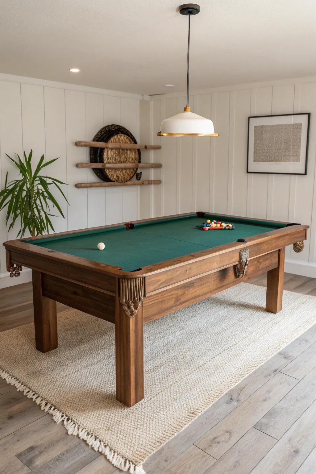 A classic walnut pool table that anchors the basement—sturdy, minimal, and beautifully crafted.