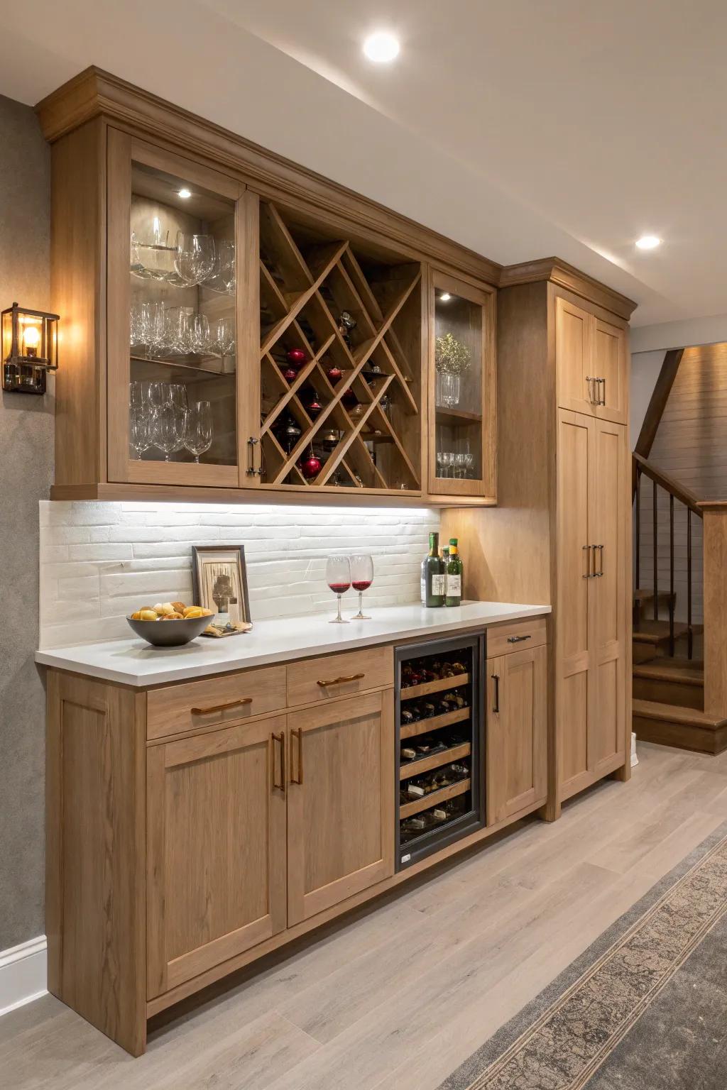A built-in back bar wall in light oak makes any basement wine bar feel finished and refined.