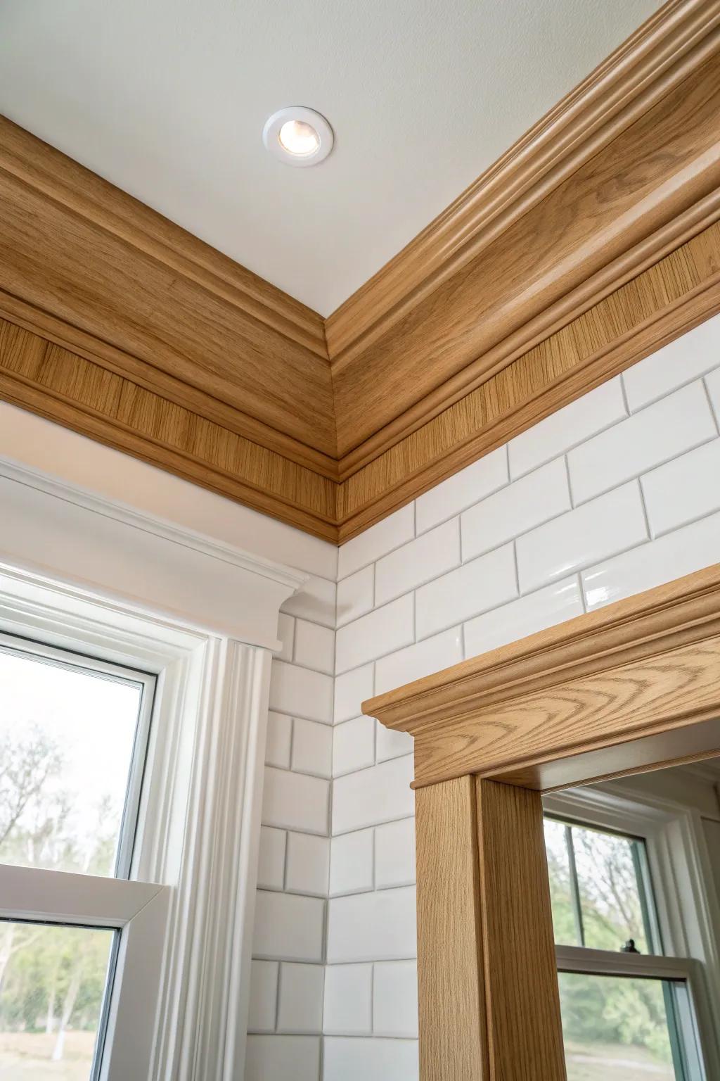 Classic oak crown molding makes the ceiling edge look taller, polished, and intentional.