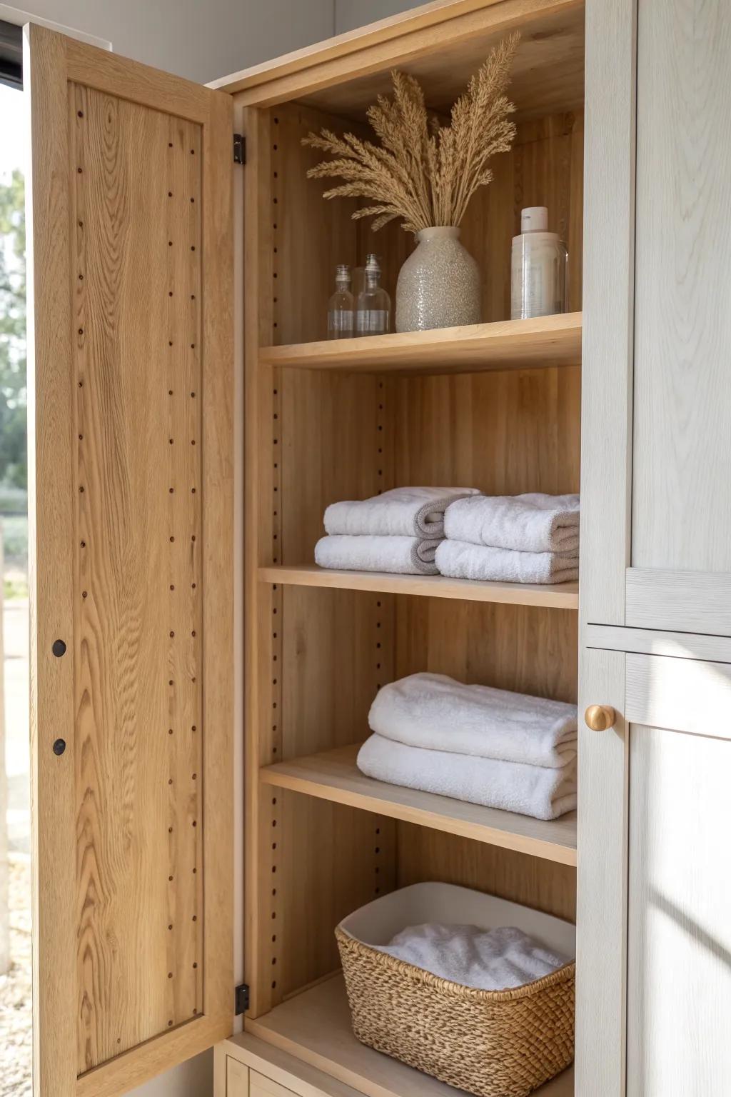 Light oak adjustable built-in shelves that shift with your linens—custom storage in minutes.