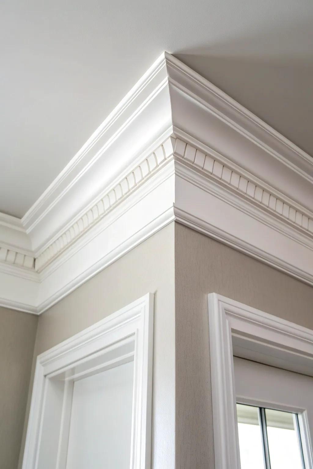 Crisp white crown molding in semi-gloss adds a clean, polished finish to a steamy bathroom.