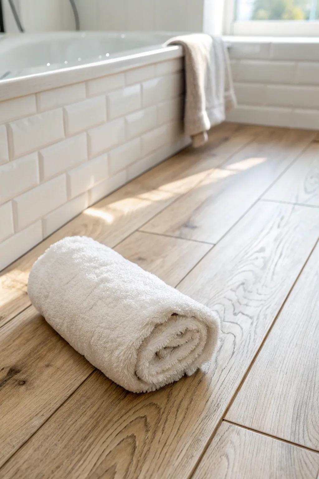 Light oak laminate brings a bright spa vibe—soft grain, cozy warmth, bathroom-ready style.