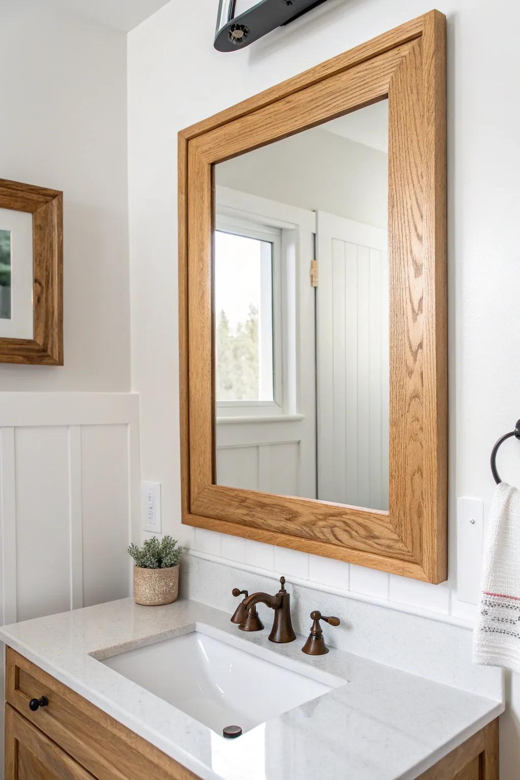 A simple oak frame turns a builder-grade mirror into a custom, rental-friendly upgrade.