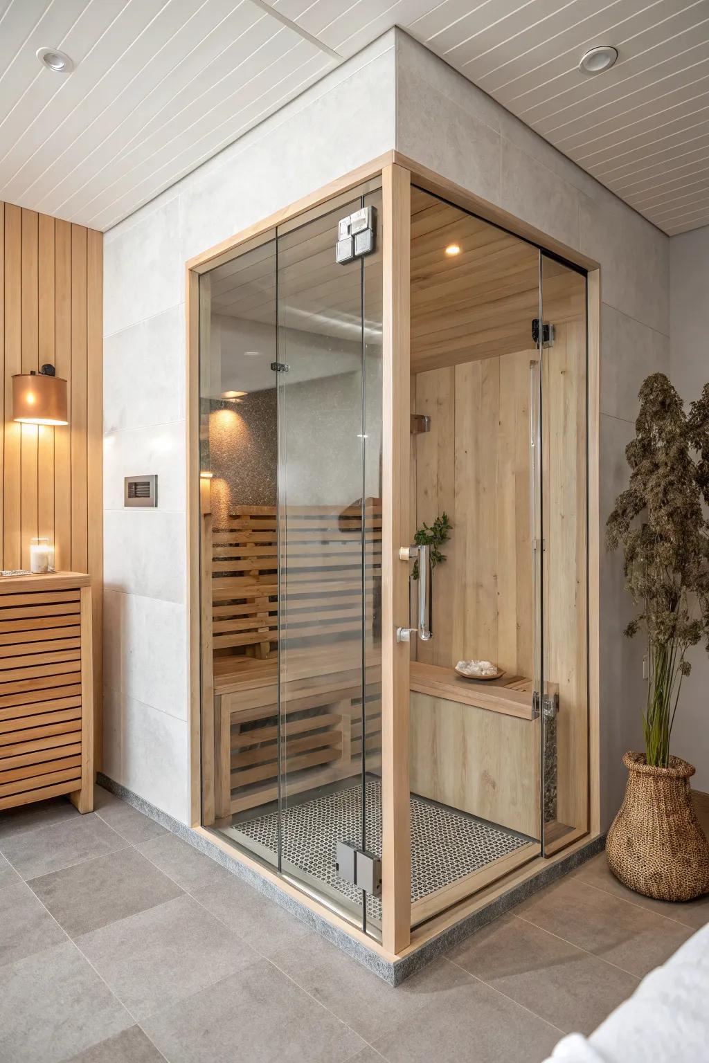 Glass-front corner sauna: airy, minimalist warmth with hardware that matches your shower.