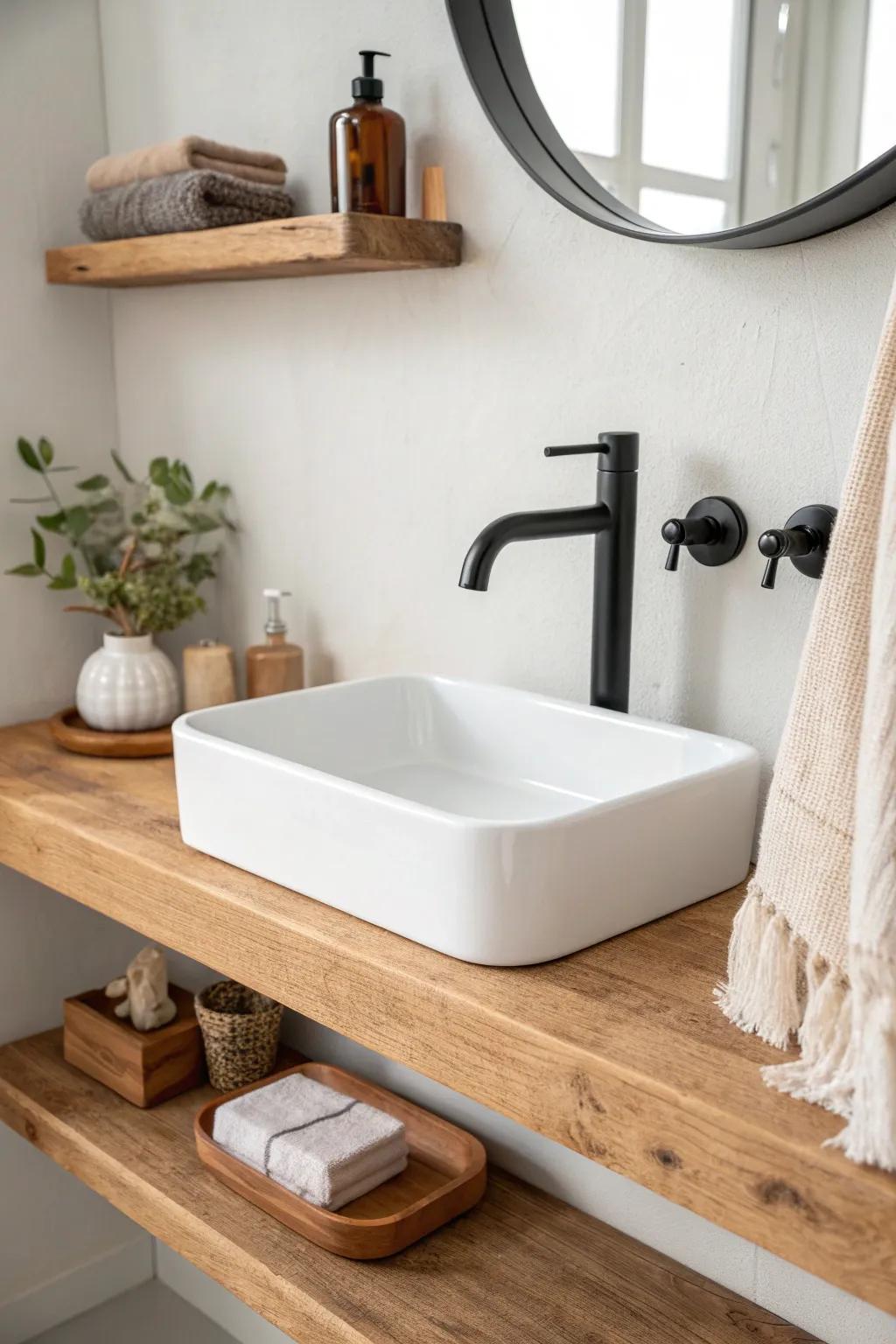 A reclaimed-wood floating shelf above the sink—minimal, warm, and made for daily essentials.