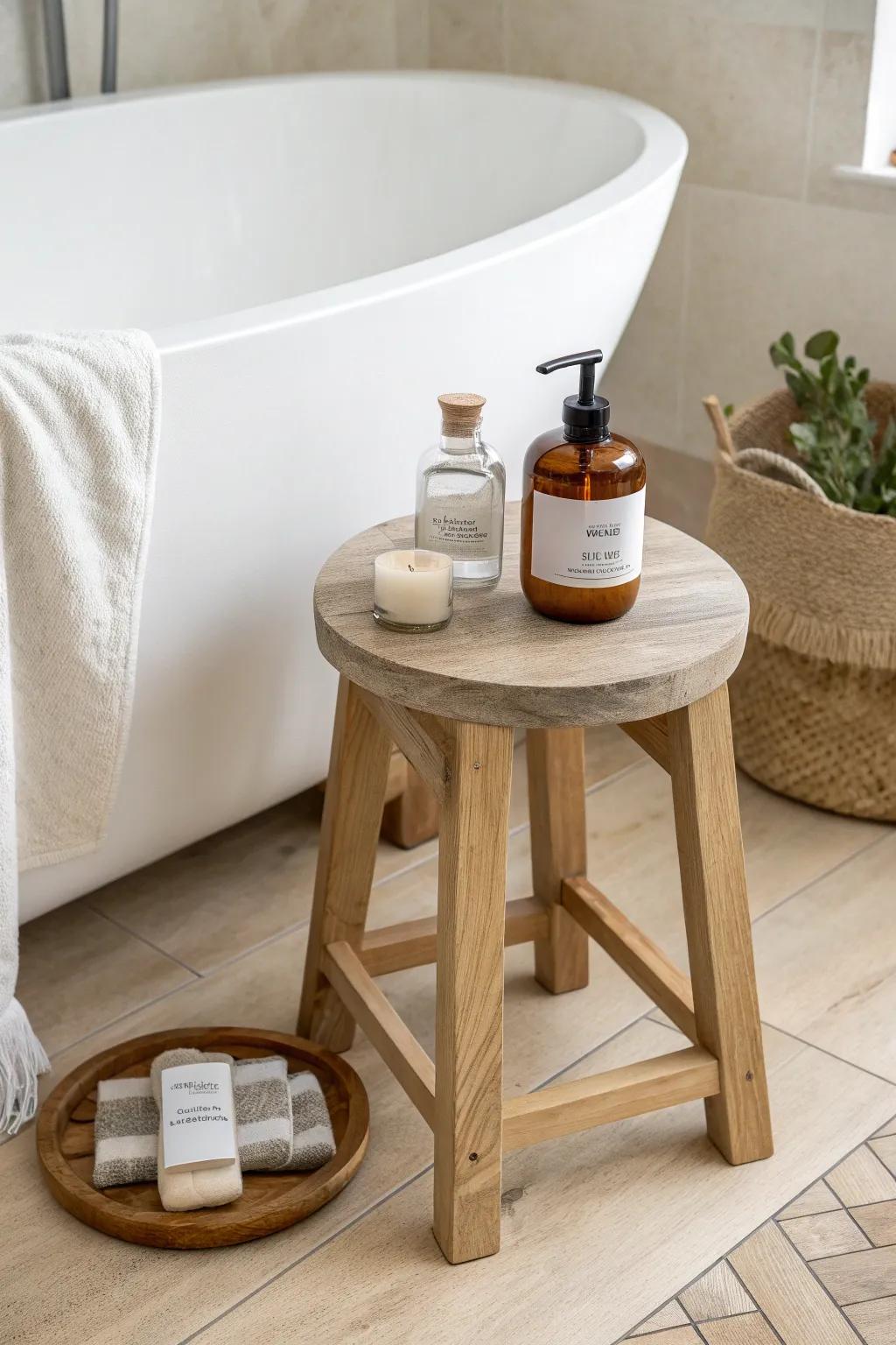 Style a wooden bath stool with a simple tray, salts, and soap for instant spa calm.