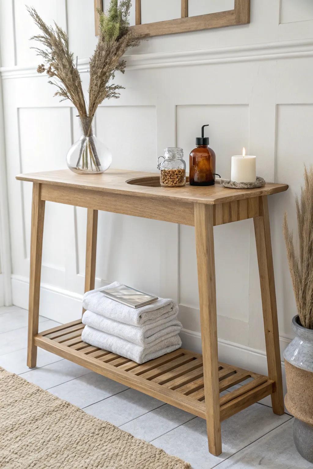 Slim oak console table brings calm bathroom style—perfect for towels, candles, and jars.