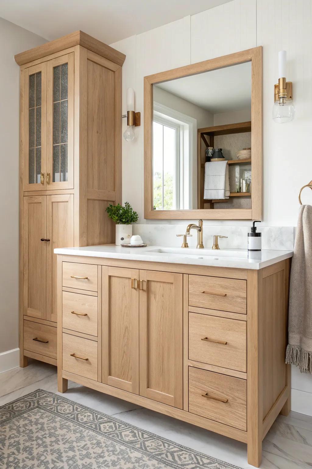 Hutch-style vanity + upper cabinet combo for a seamless built-in look in light oak.