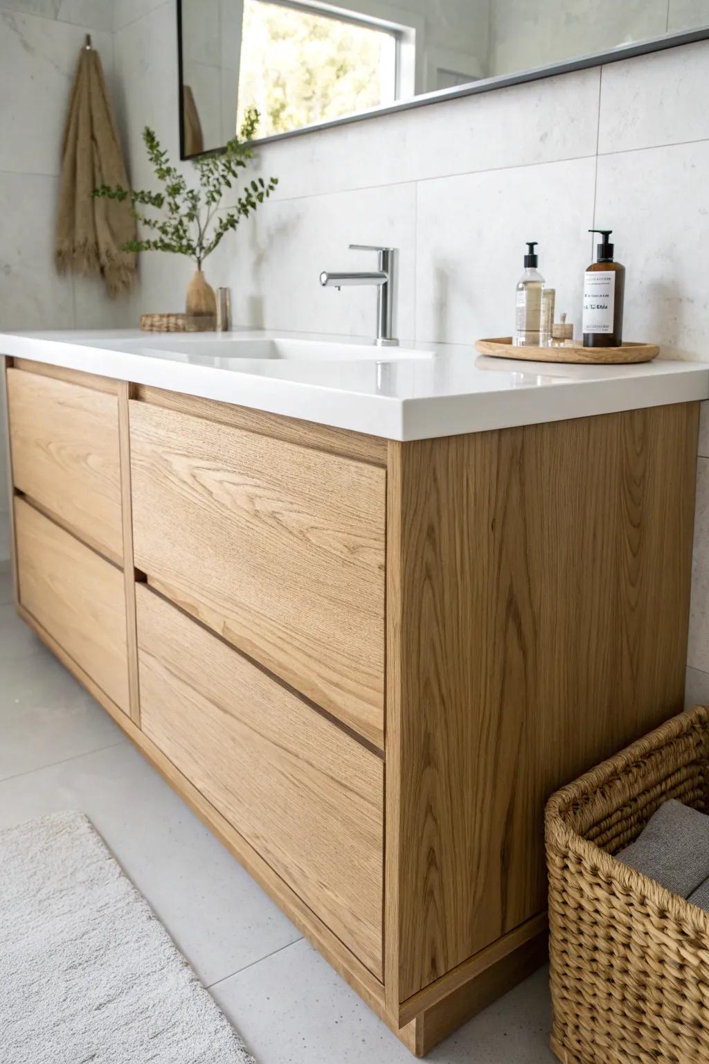 Light oak vanity + crisp white countertop: a clean, bright pairing that modernizes instantly.