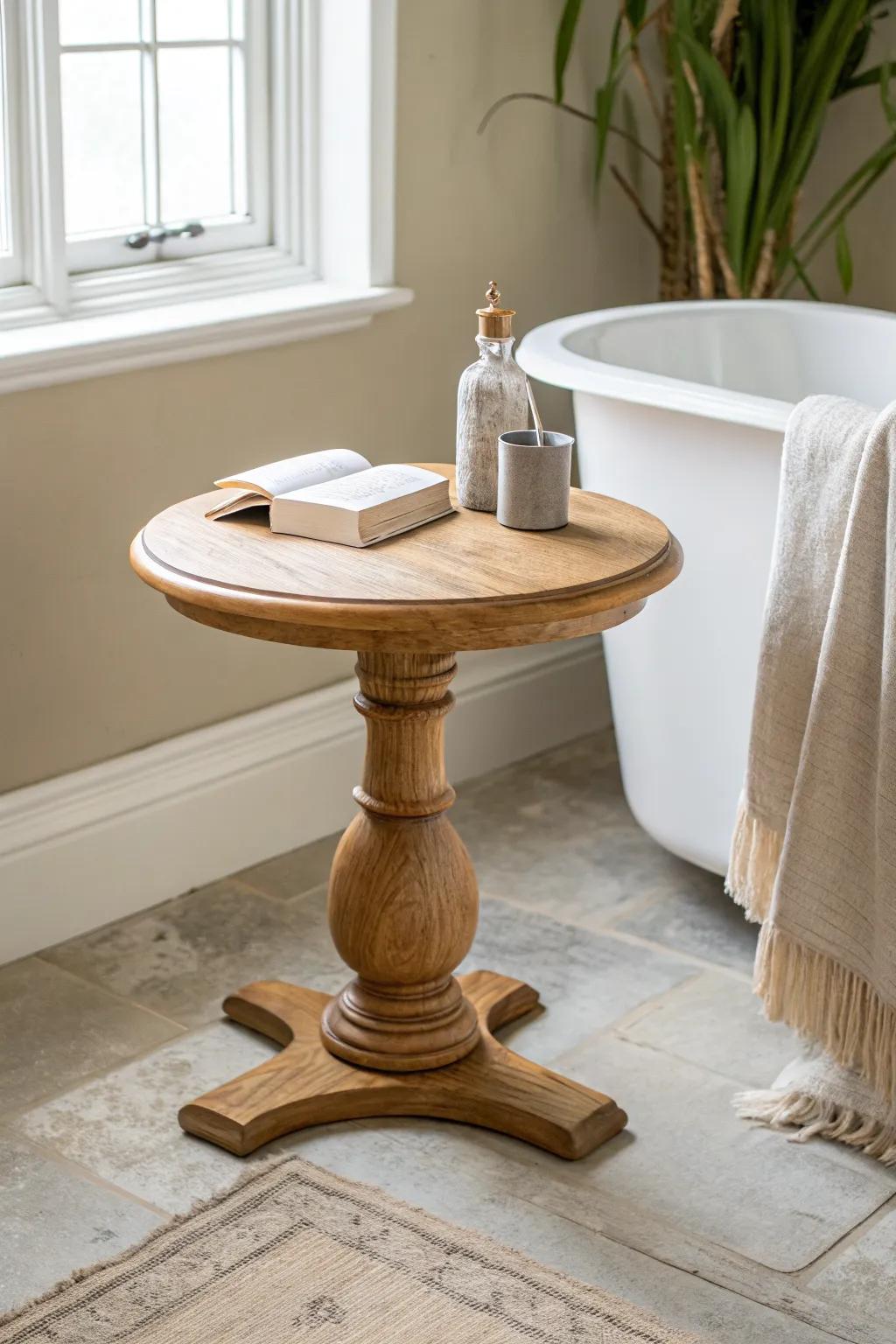 A simple round pedestal table that fits tight tub spaces—sealed wood stays splash-proof.