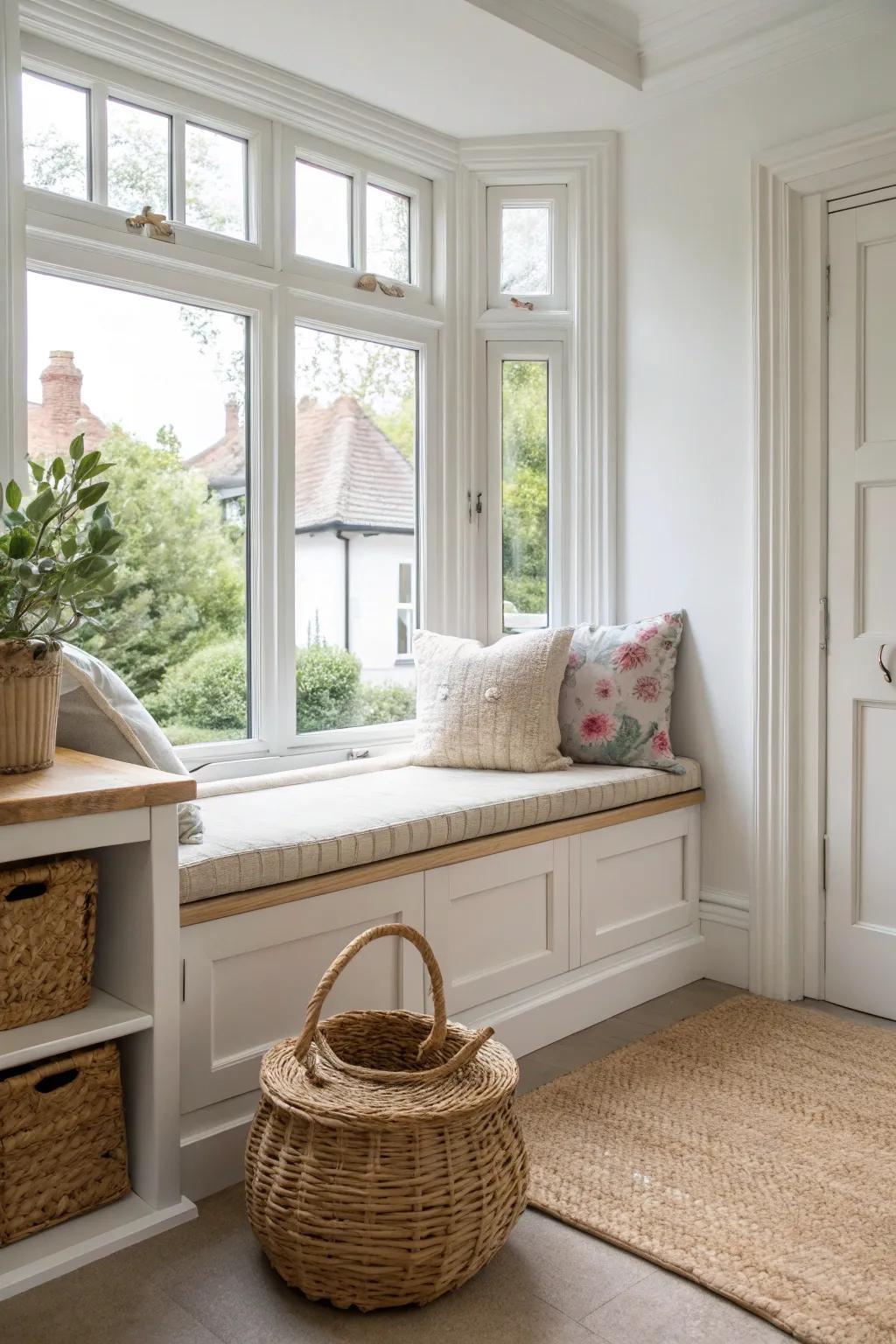 A classic built-in bay window bench with a simple plywood top—clean, custom, and cozy.