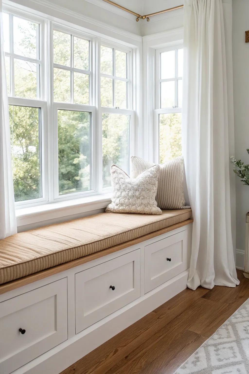A timeless built-in bay window bench: clean lines, warm wood, and a plush cushion.