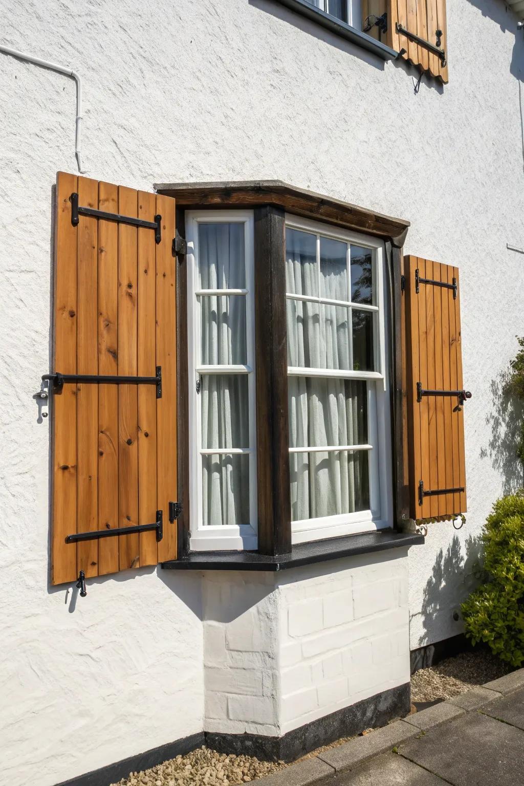 Timeless bay window look: handcrafted louvered wood shutters that anchor the facade.
