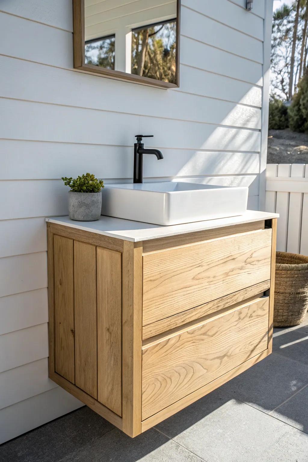 Crisp white shiplap + a handcrafted oak vanity—instant beach cottage bathroom calm.