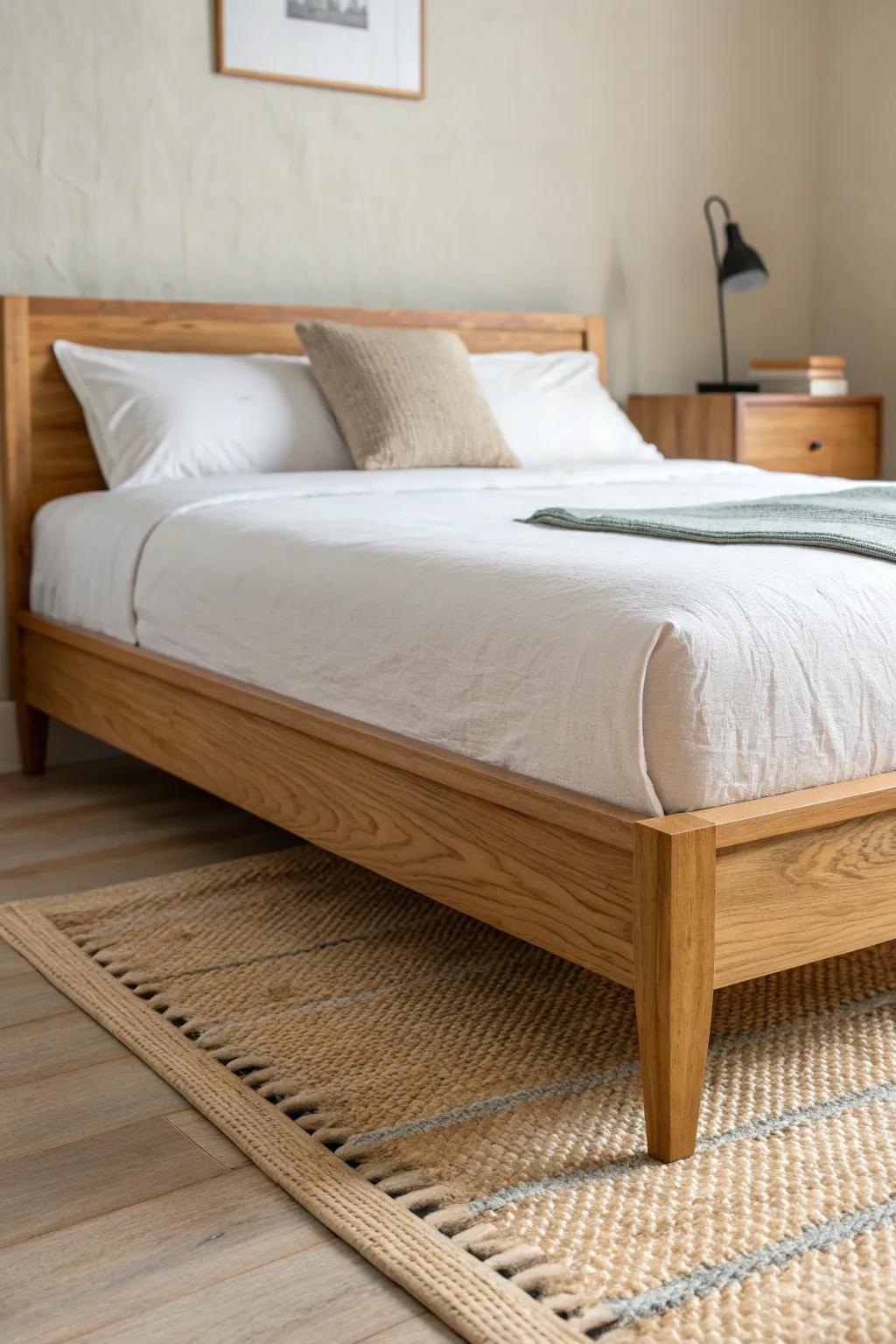 Crisp, calm platform bed with a tight reveal—letting natural wood grain steal the show.