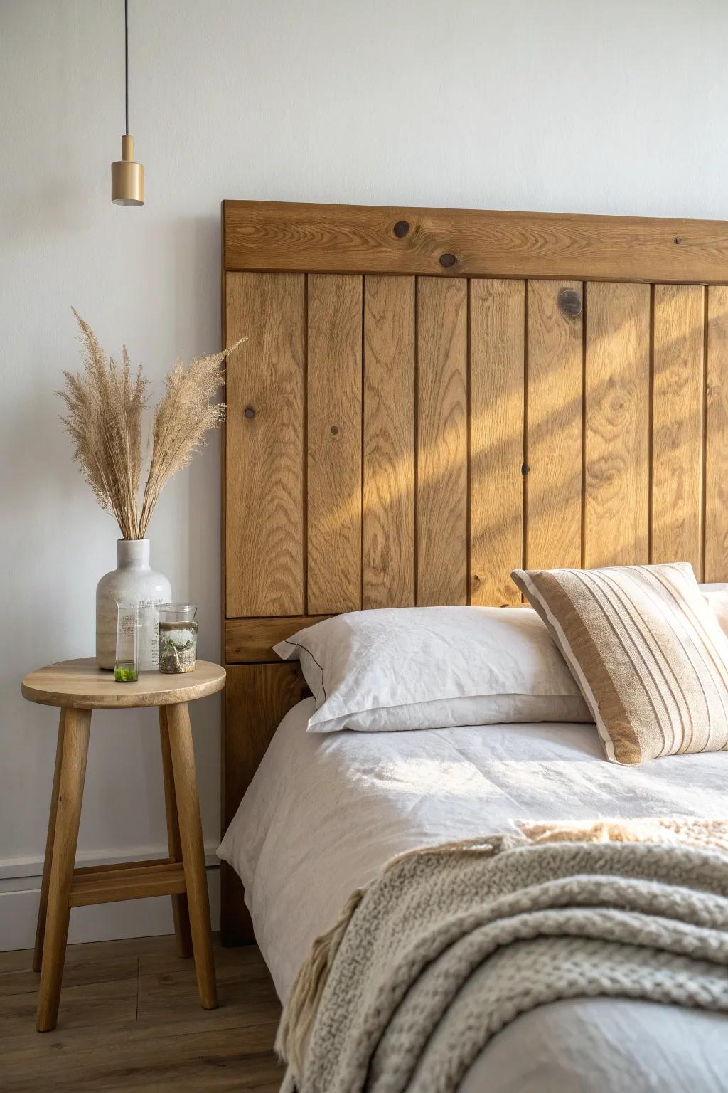 Classic plank headboard: warm stain, clean lines, and wood grain that makes the bed feel cozy.