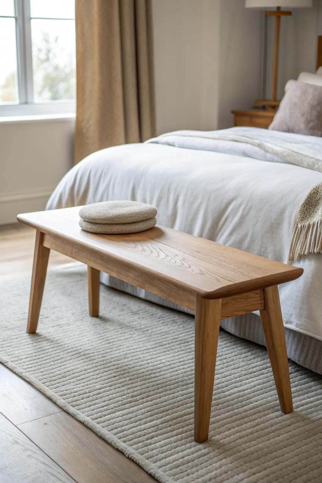 A simple solid-wood bench at the foot of the bed—warm grain, calm lines, timeless style.