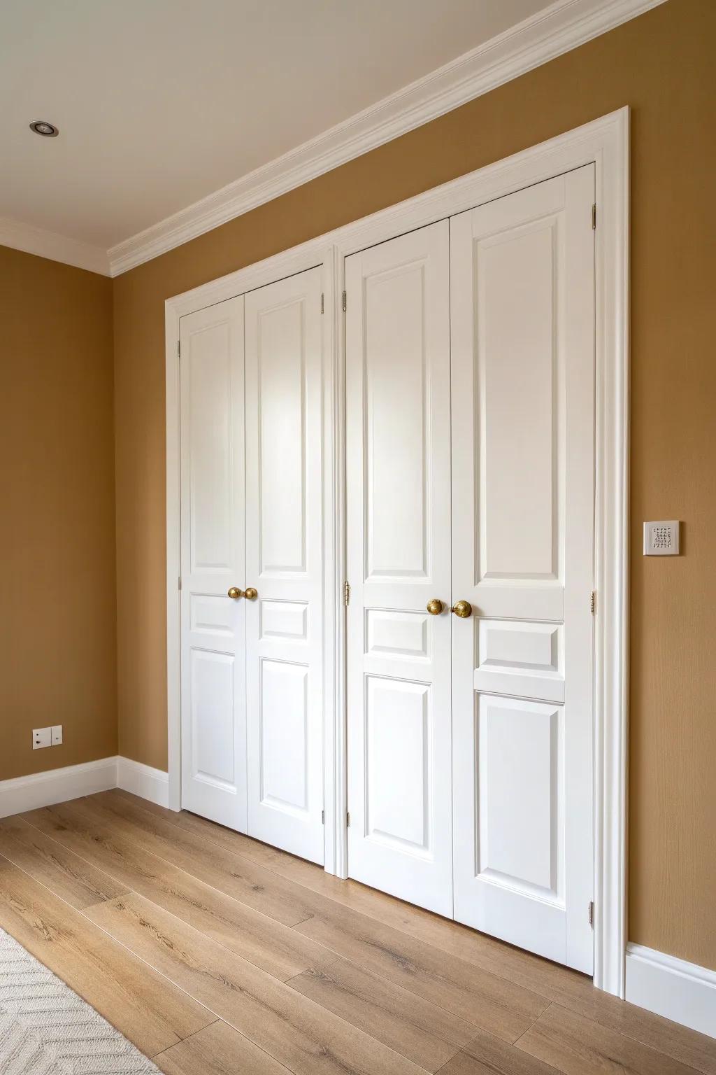 Fresh paint + brushed brass hardware turns basic bifold closet doors into a custom look.