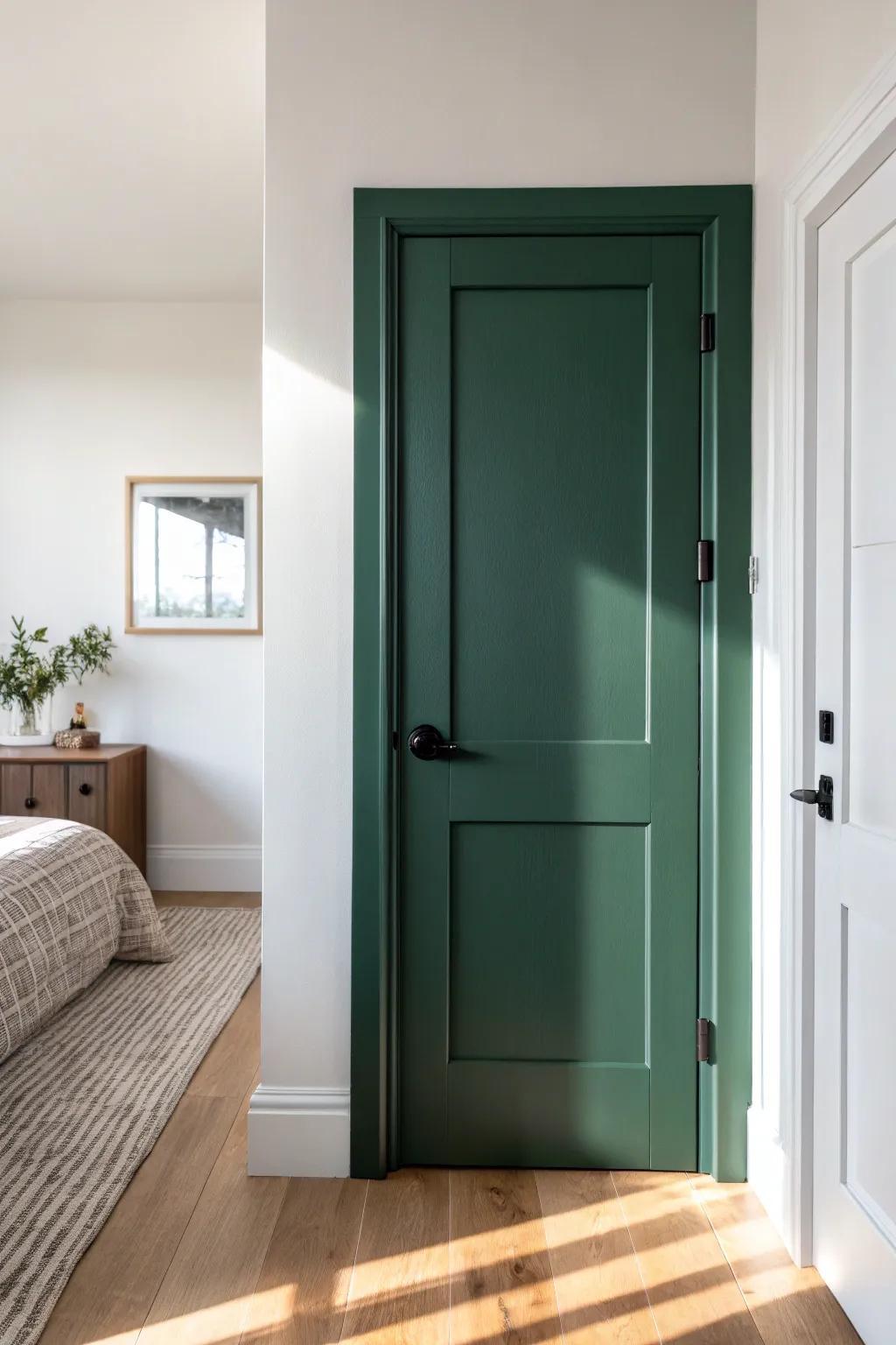 A moody solid-color door turns a plain bedroom entry into a bold, intentional statement.