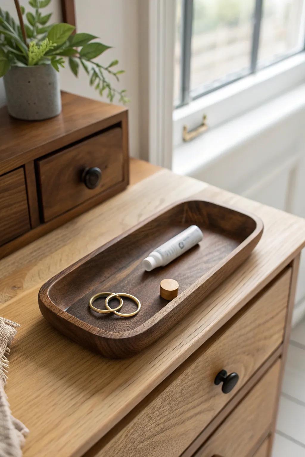 One catchall tray keeps your dresser calm—daily essentials contained, wood grain on display.