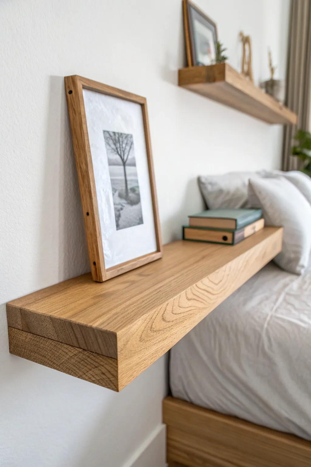 A classic floating shelf above the bed—warm oak, clean lines, and an airy headboard alternative.