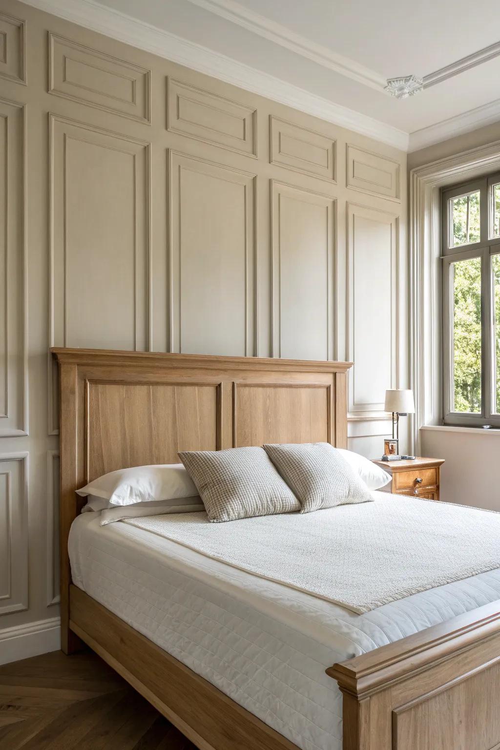 Picture frame molding behind the bed creates a clean, tailored accent wall—no art needed.