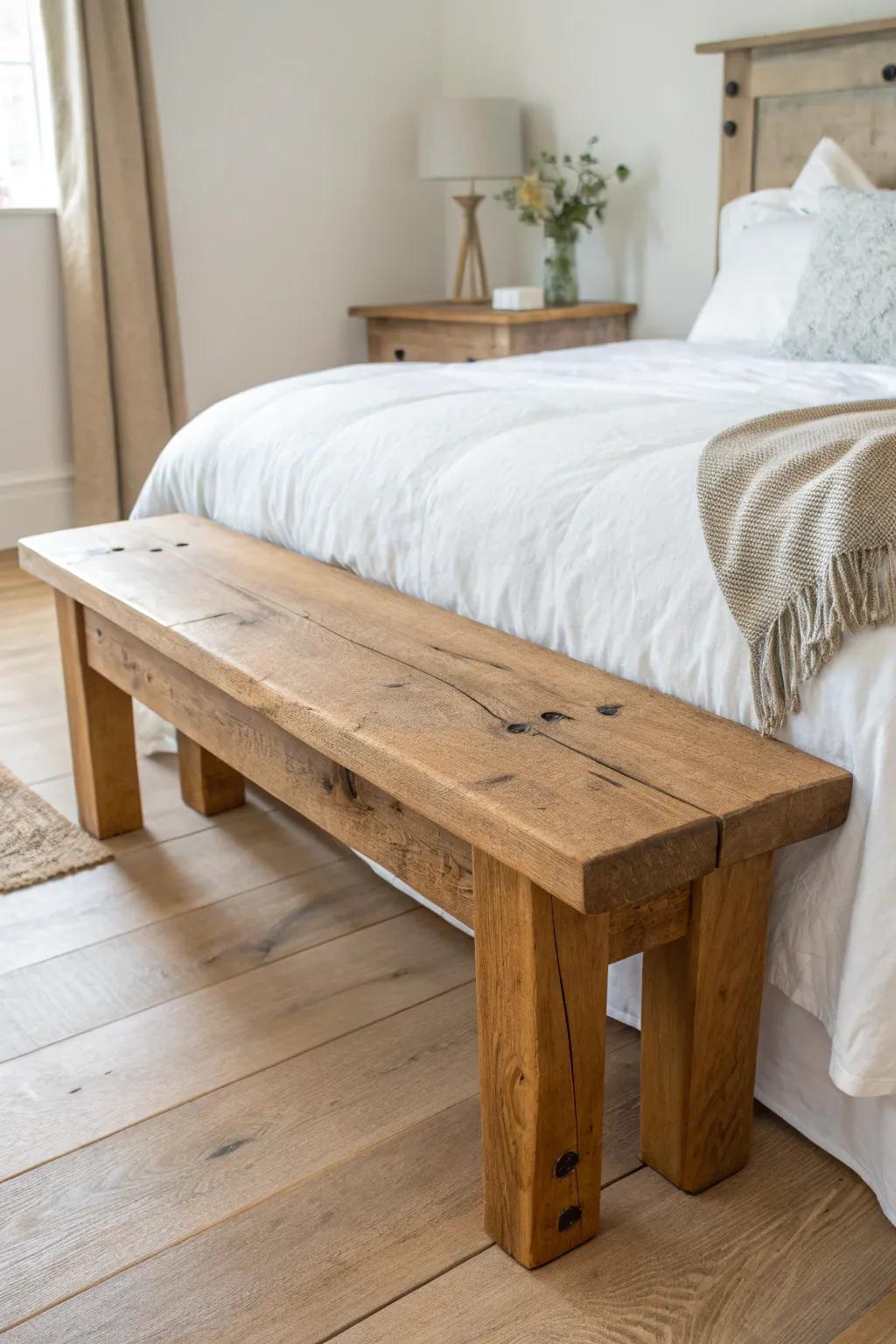 A chunky reclaimed-wood bench: the perfect end-of-bed seat for outfits, throws, and calm style.