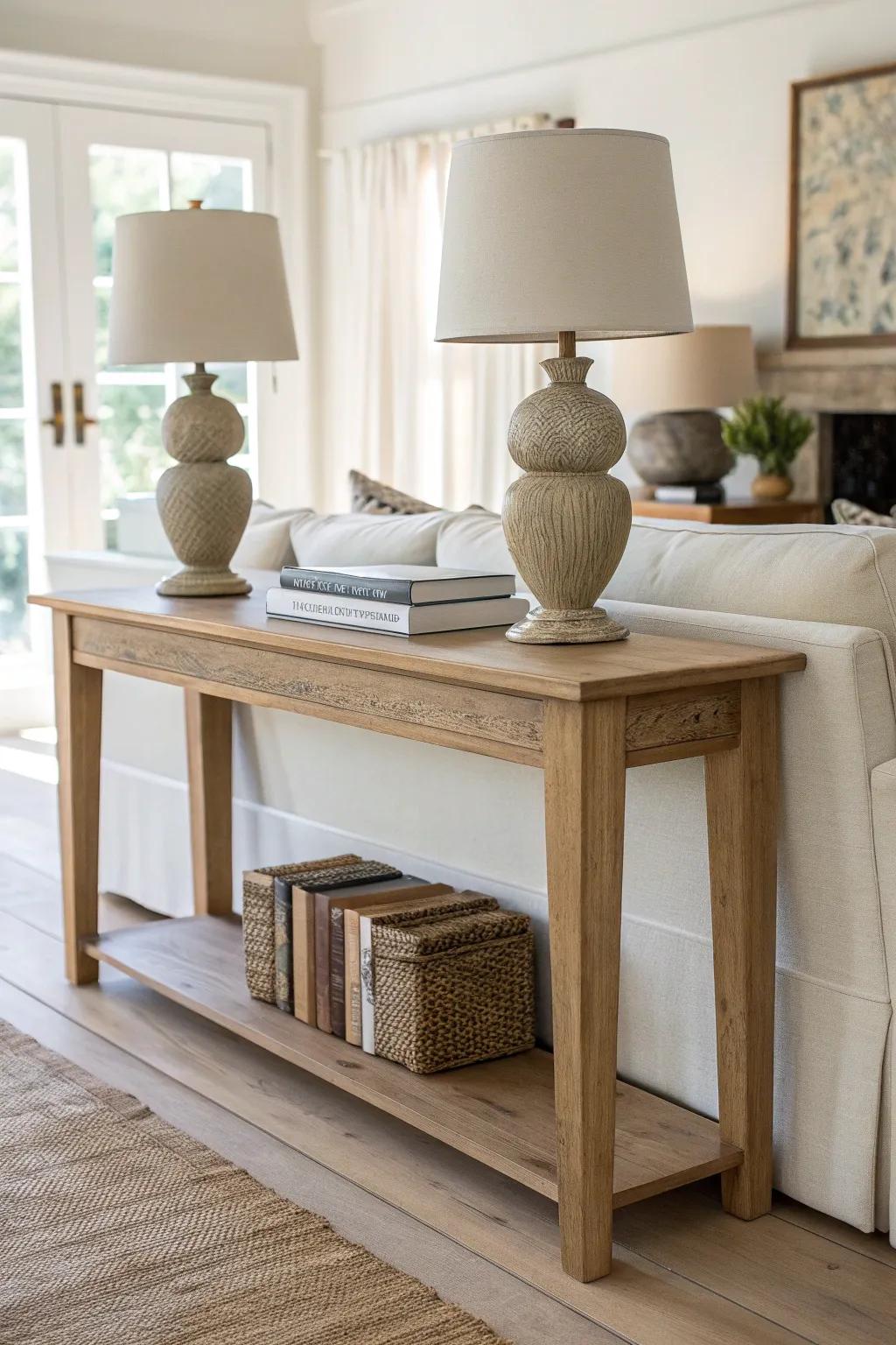 Classic symmetry: matching lamps and a low book stack on a clean oak behind-sofa table.