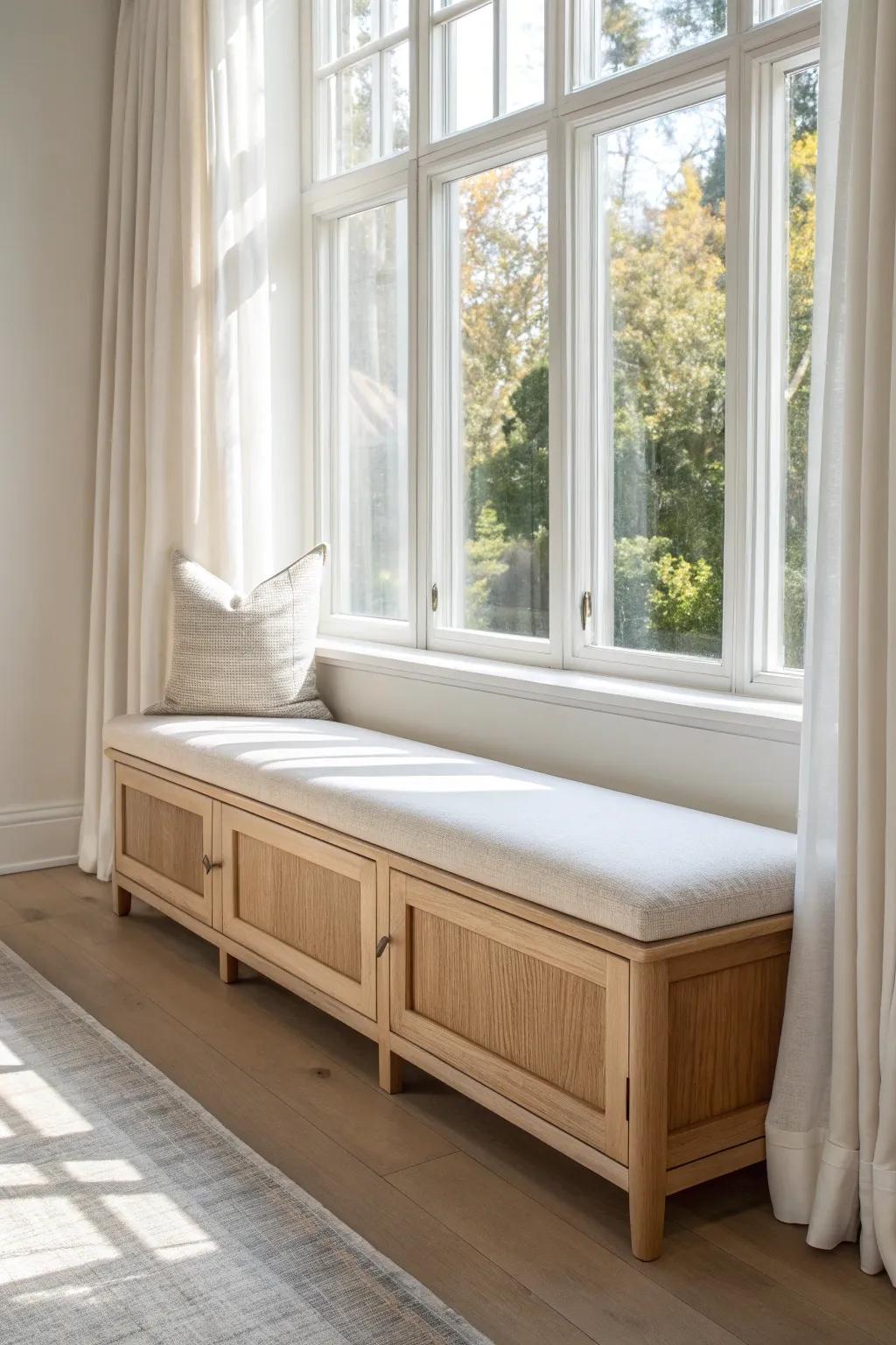Classic under-window bench seat with a plywood base and thick cushion—simple, built-in charm.