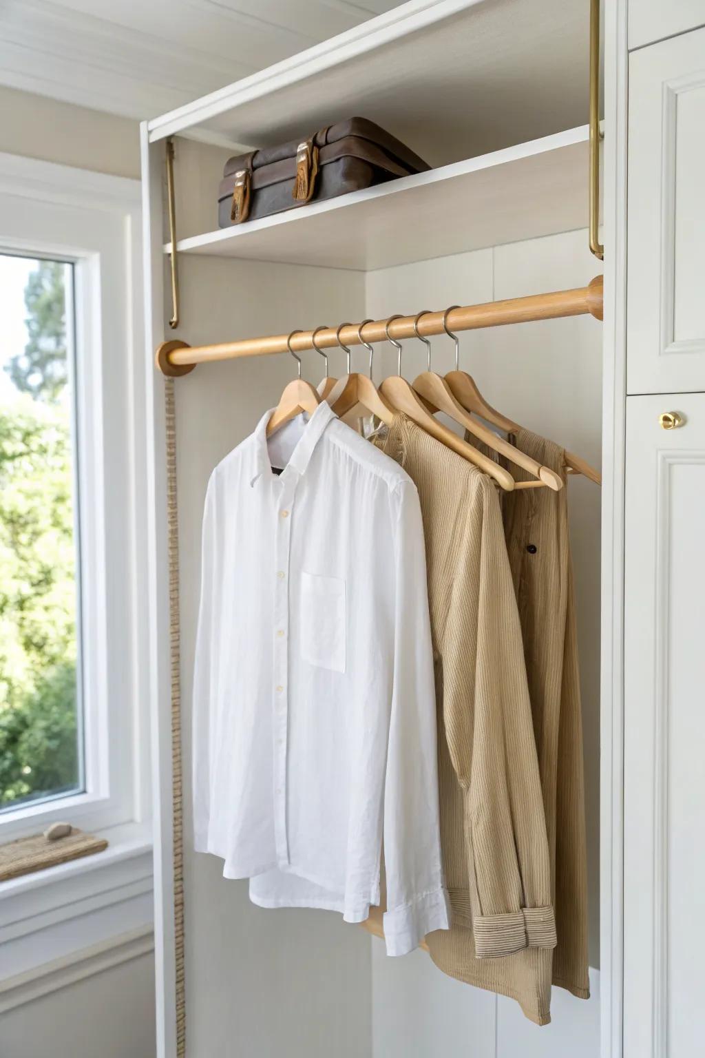 Double hanging rods create two airy levels in a bifold closet—minimal, warm, and efficient.