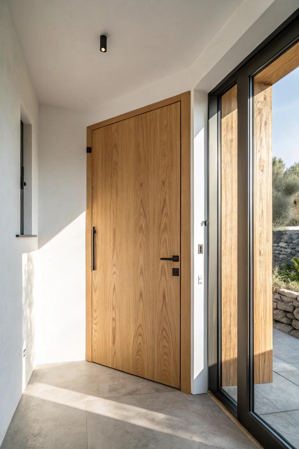 Floor-to-ceiling oak pivot door: a smooth, sculptural statement with clean Scandinavian calm.
