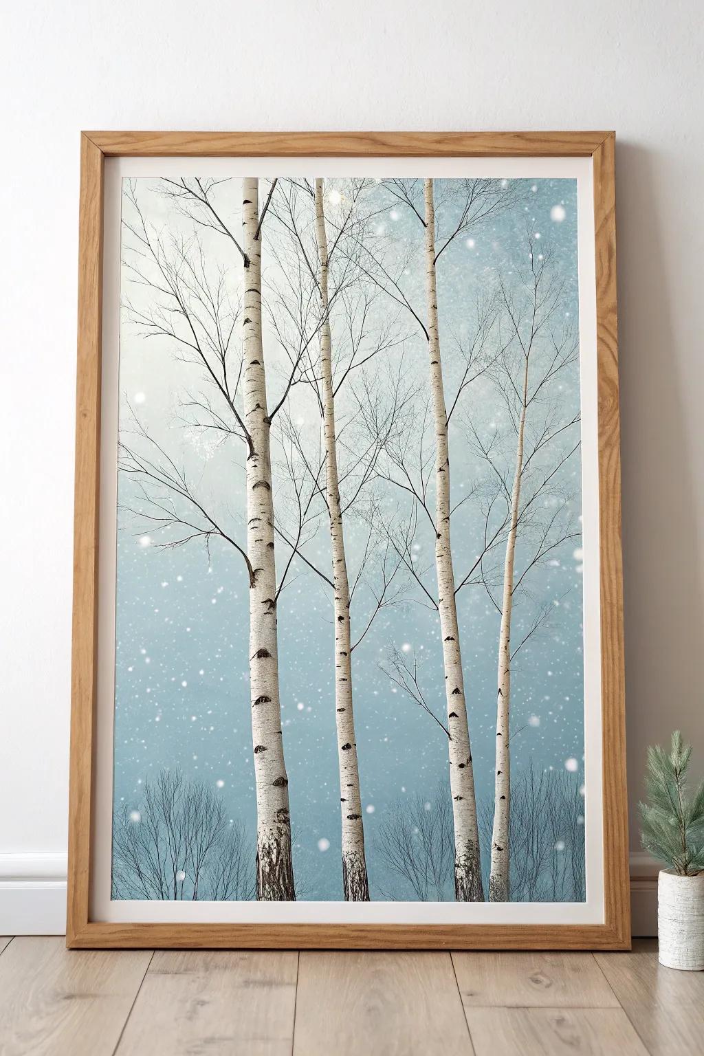 Embrace the serene beauty of winter with this minimalist birch tree painting, perfect for adding a touch of calm elegance to your space.
