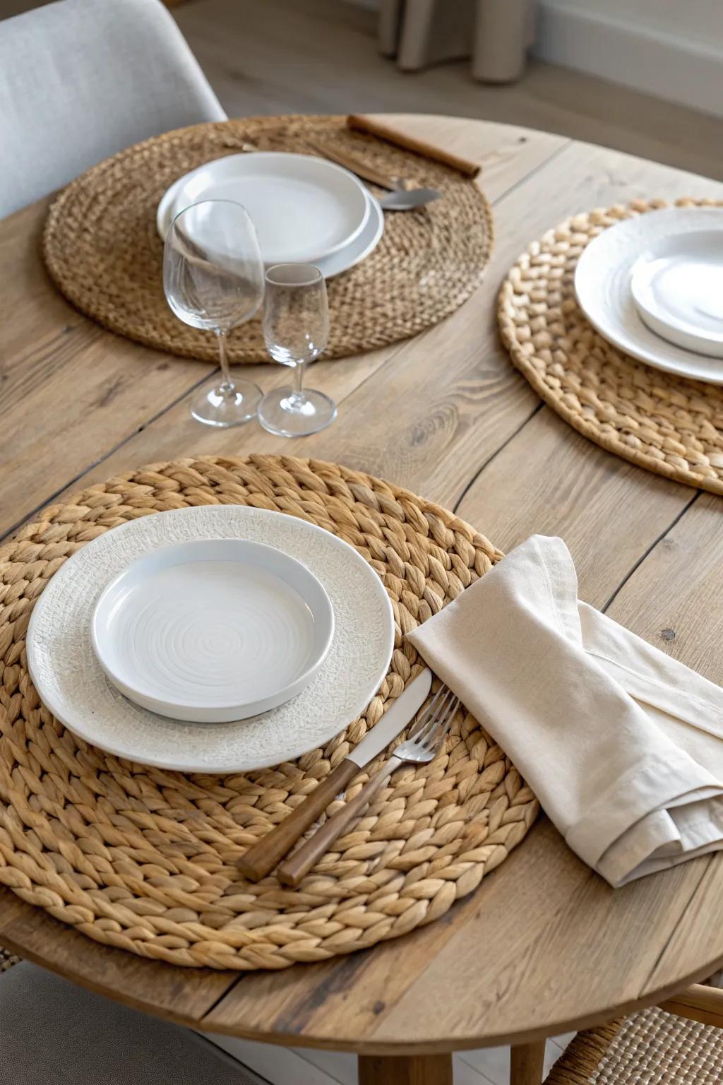 Woven placemats + crisp white dishes: an effortless bistro table look with warm, airy texture.