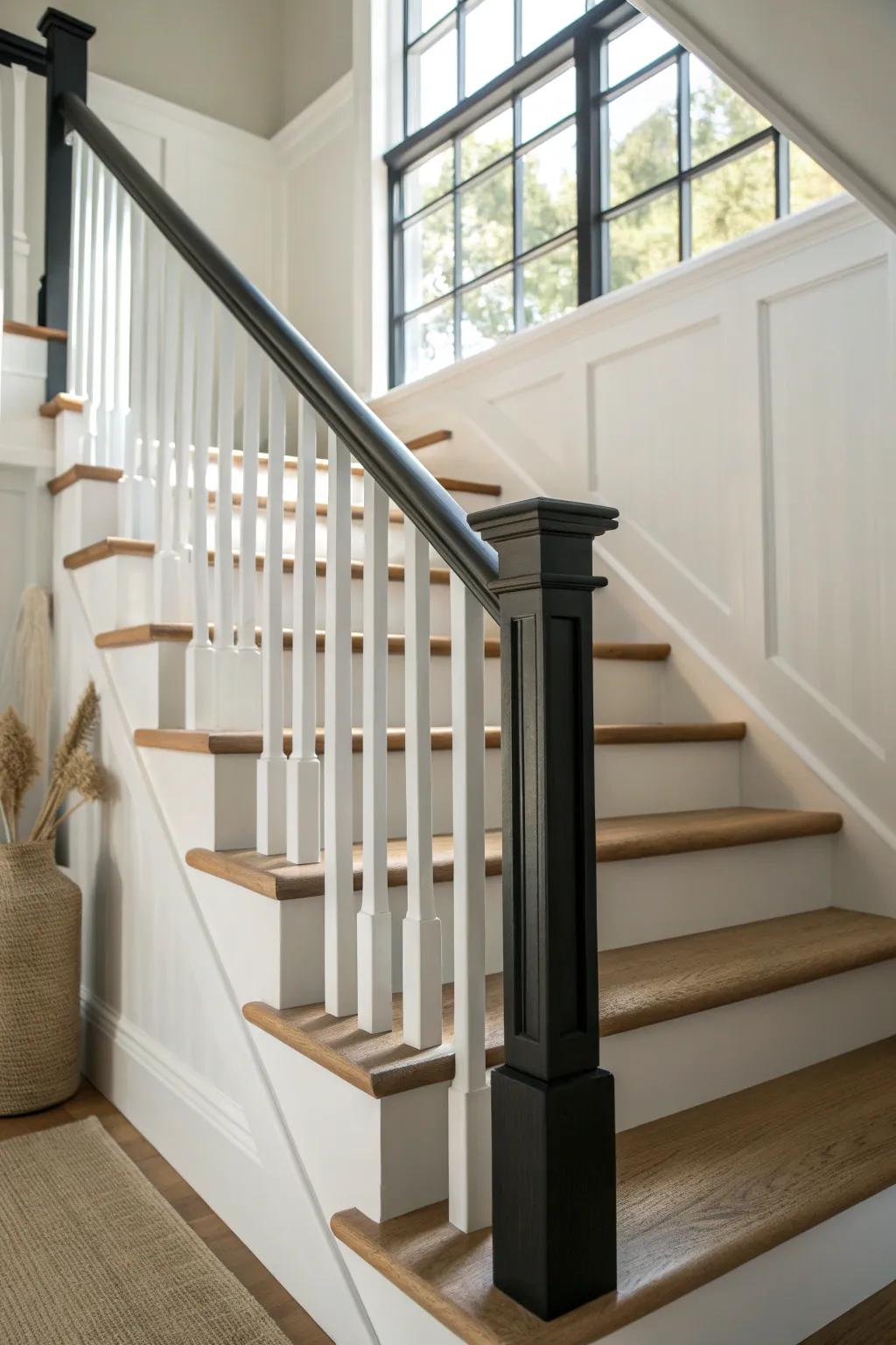 Classic tuxedo staircase: matte black handrail with crisp white spindles for clean contrast.