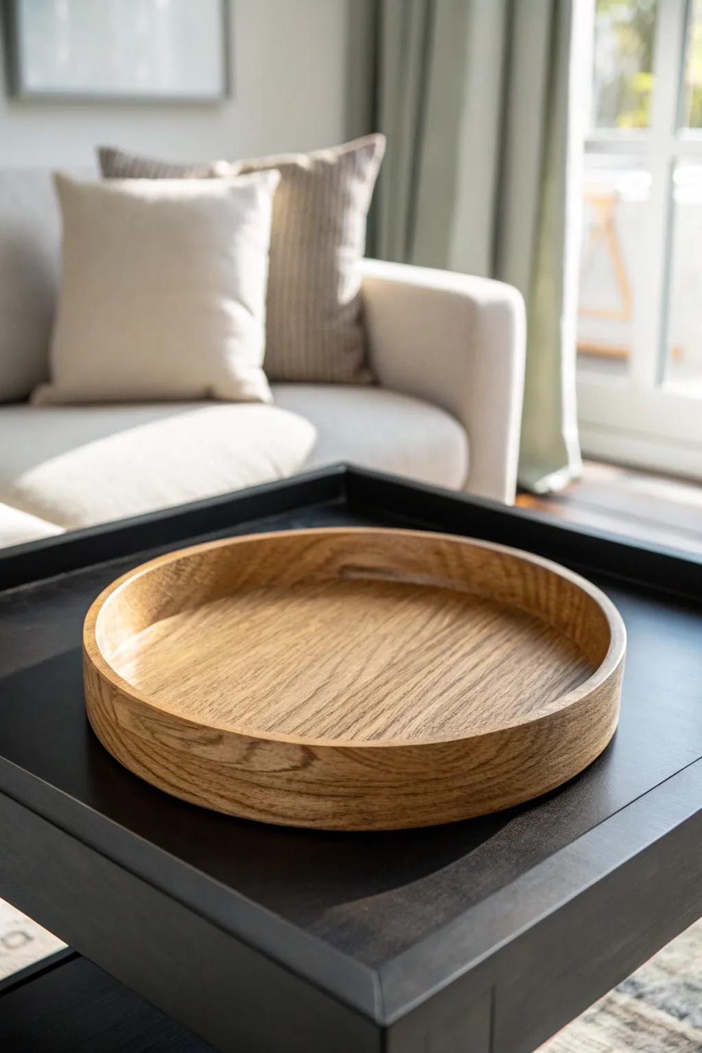 A light oak tray creates a calm “stage” on a black coffee table—simple, warm, intentional.