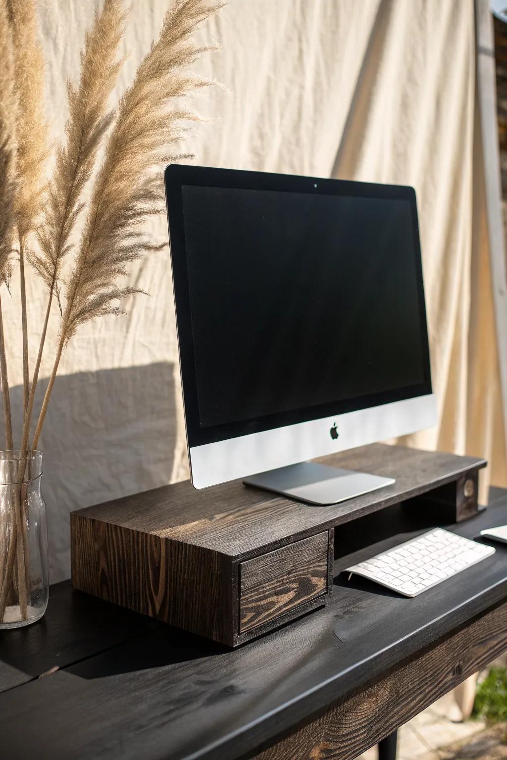 All-black minimalist desk energy: one crafted matte-black wood piece, clean lines, zero clutter.