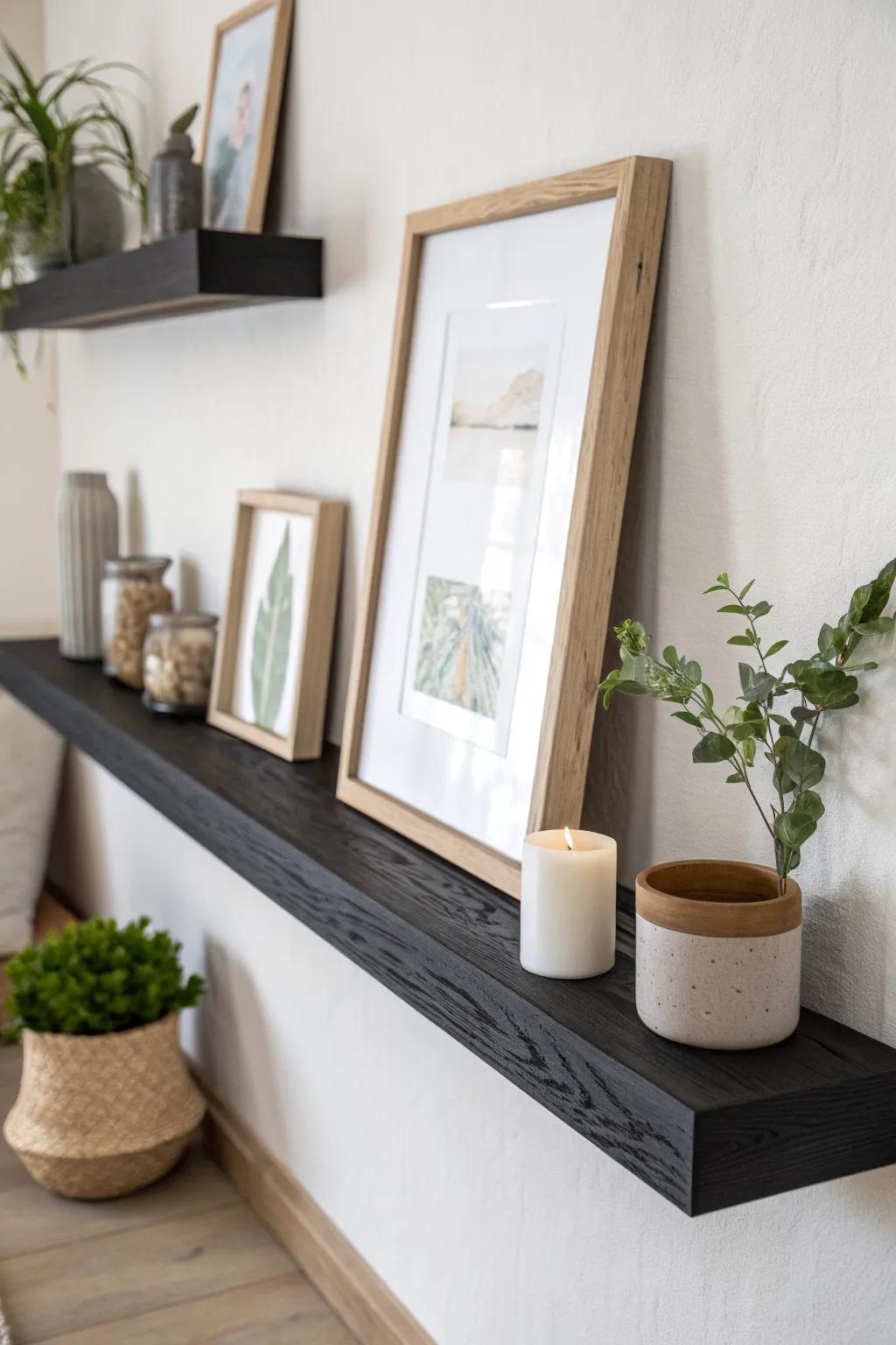Classic gallery shelf: one sleek black float with three curated accents for calm contrast.