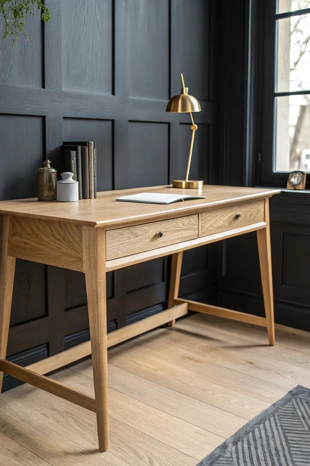 Matte black accent wall + light oak desk: instant drama with calm Scandinavian craftsmanship.