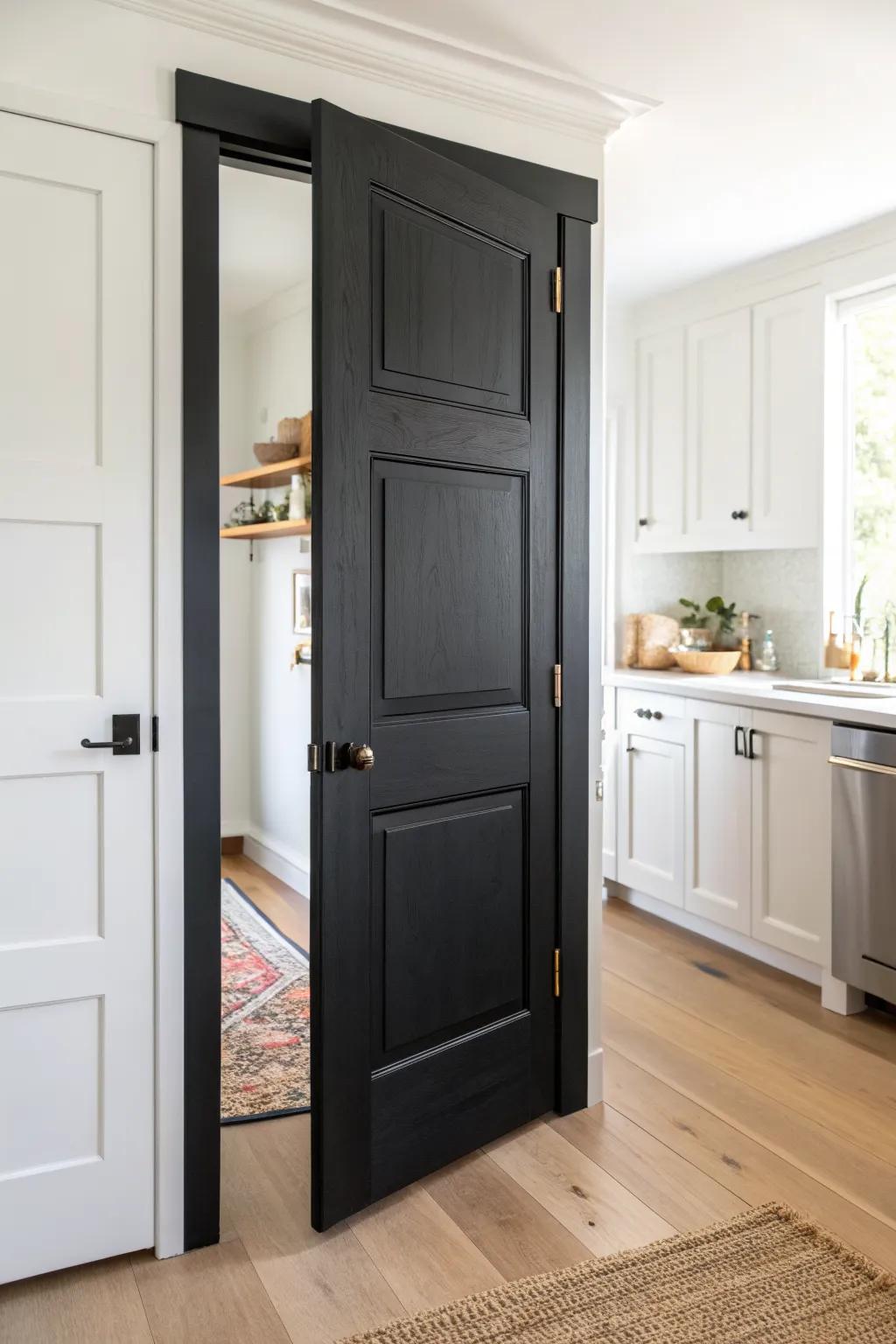 A timeless solid black painted pantry door that anchors the wall with smooth, refined contrast.