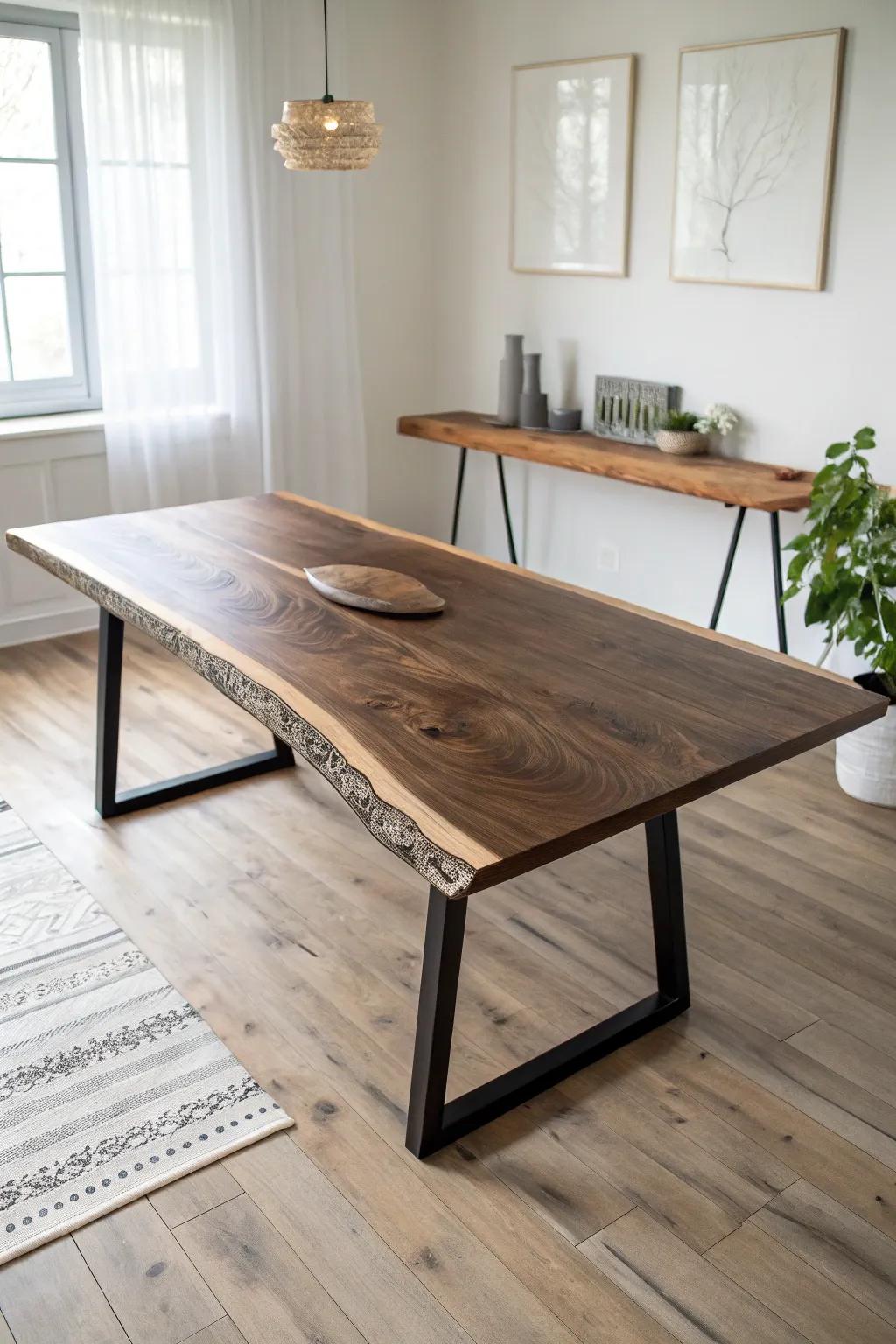 A forever live-edge black walnut dining table—minimal legs, bold grain, instant room upgrade.