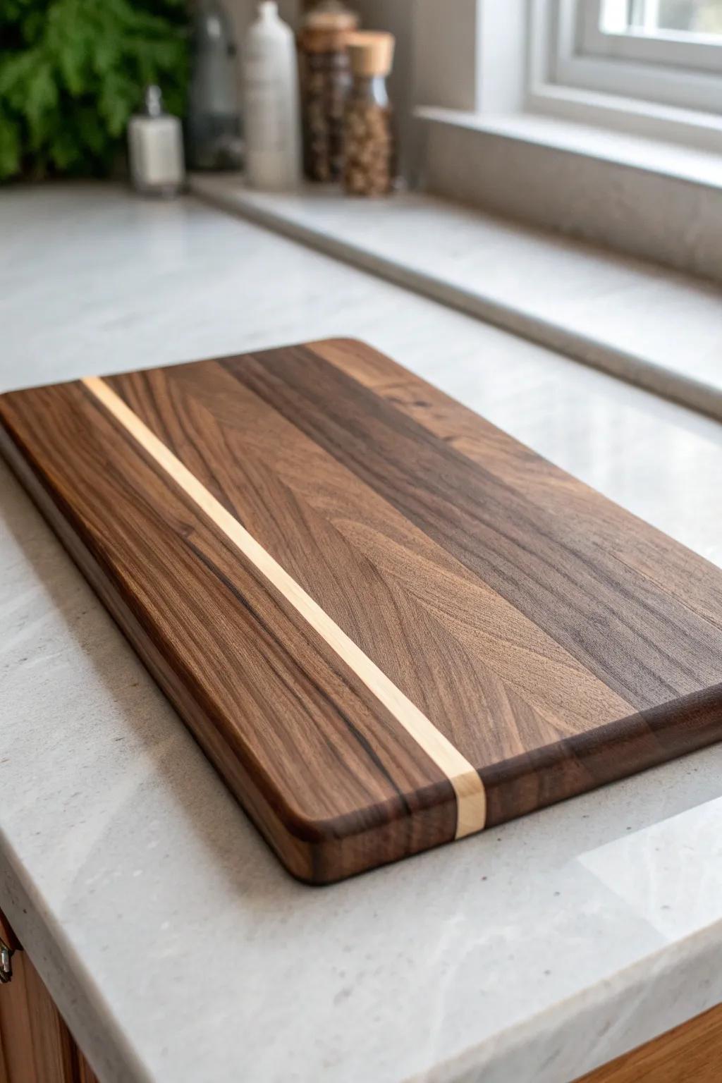 Classic black walnut cutting board with a crisp maple stripe—minimal, warm, and timeless.