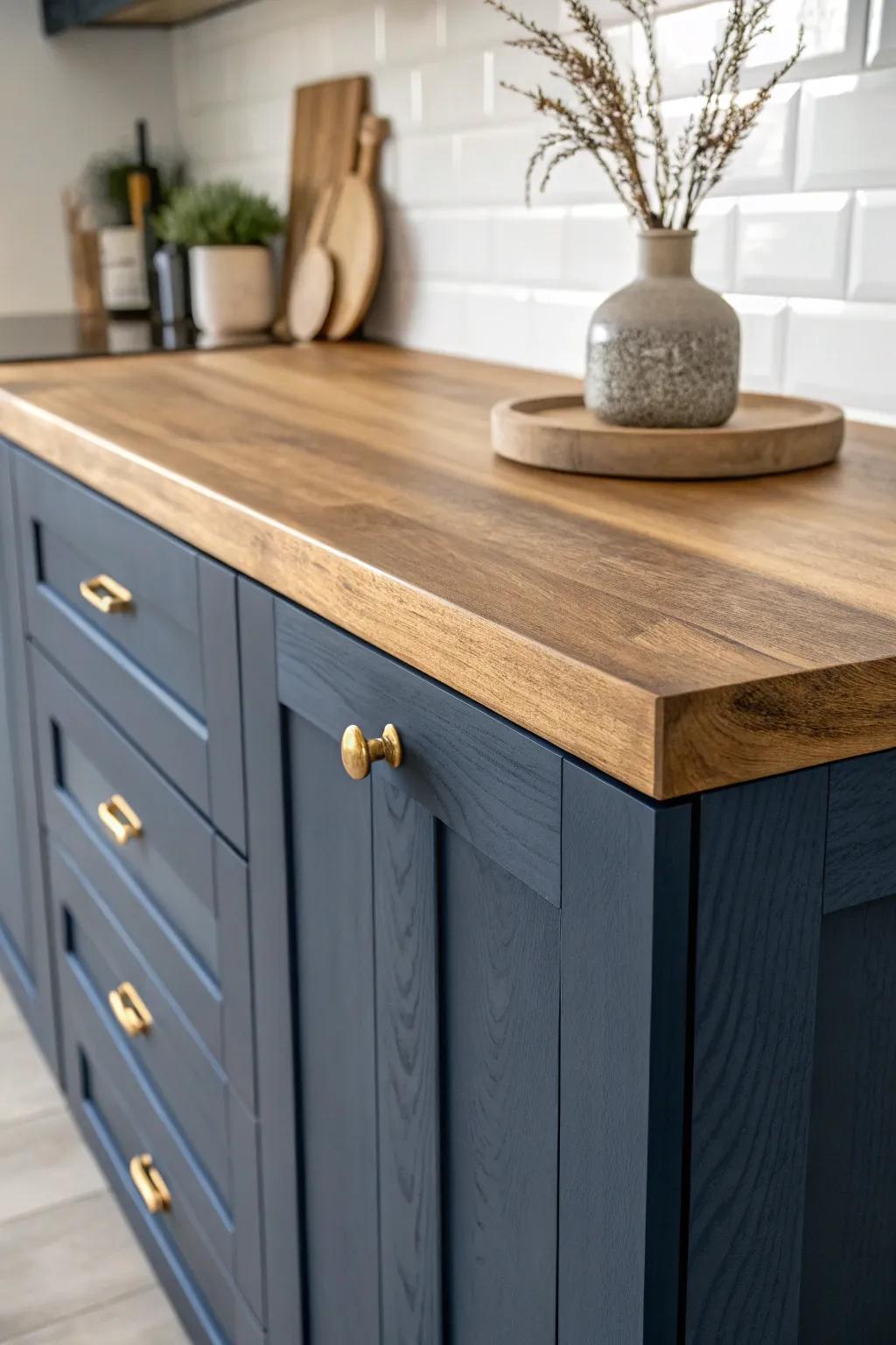 Navy base cabinets meet butcher block warmth—minimal, handcrafted contrast with a soft boho touch.
