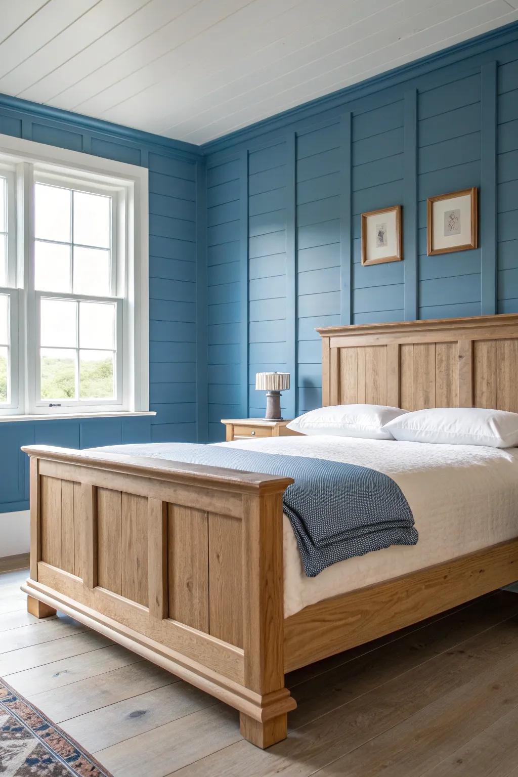 Classic blue shiplap behind a handcrafted oak bed for calm farmhouse contrast.