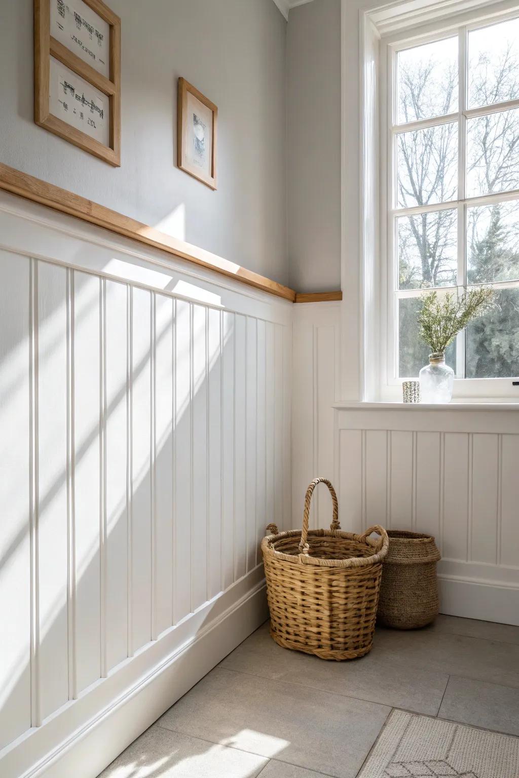 Timeless half-wall board & batten wainscoting with an oak cap rail for a bright, built-in look.