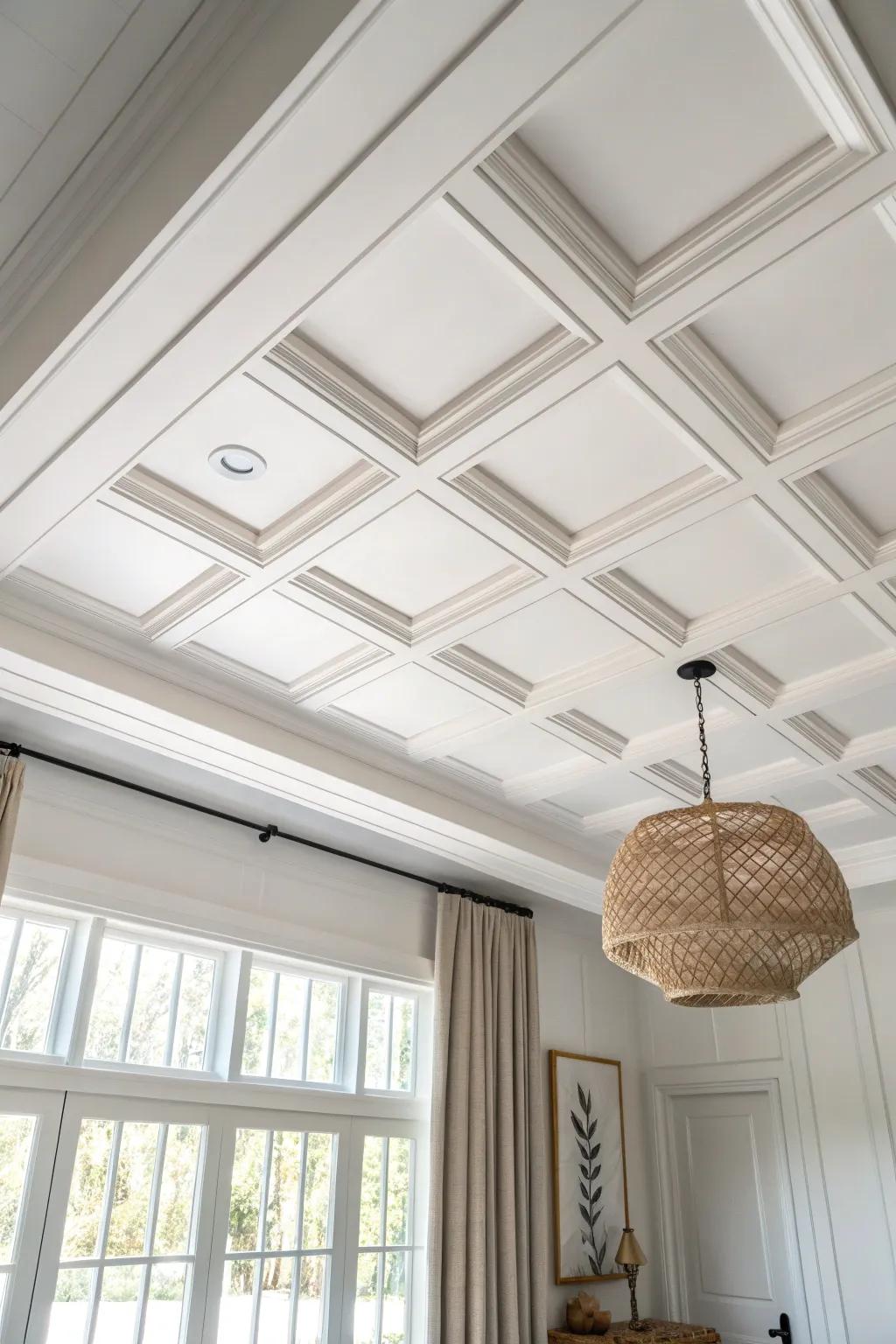 Classic white coffered grid ceiling—simple battens, crisp paint, and instant high-end height.