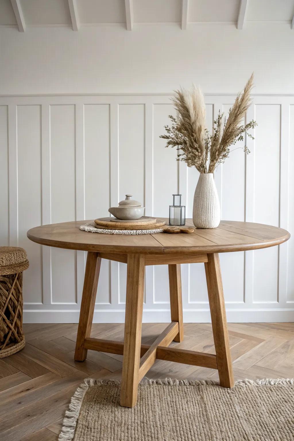Classic white board-and-batten wainscoting paired with a warm oak table—crisp, timeless contrast.
