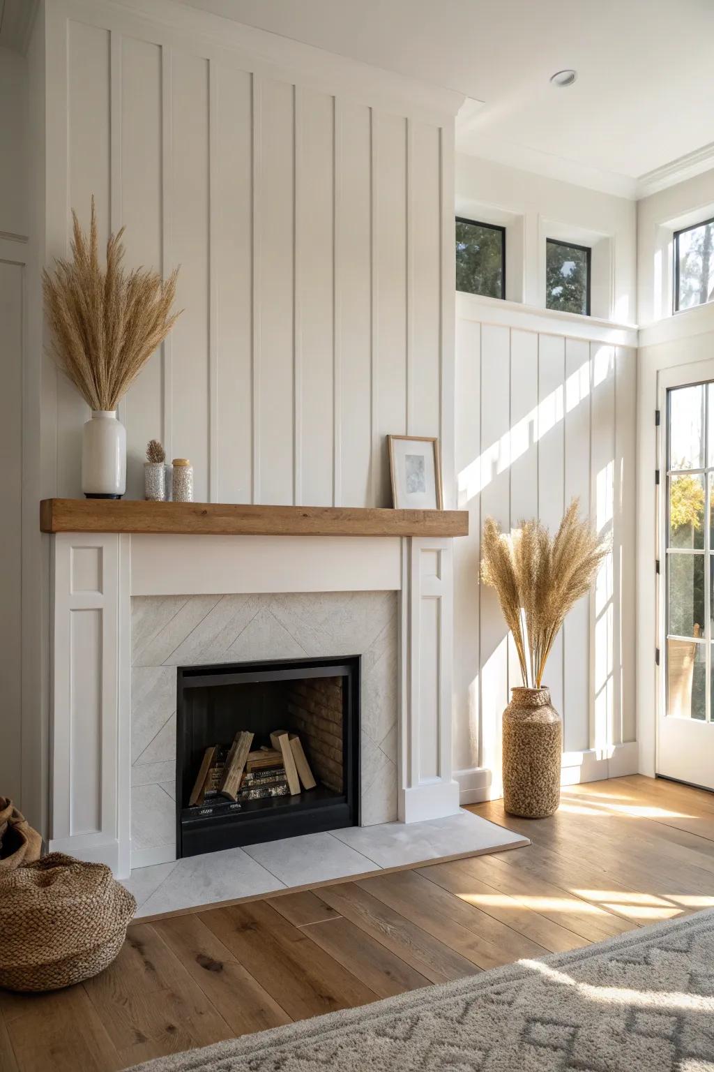 Floor-to-ceiling board and batten makes any fireplace feel taller, cleaner, and custom.
